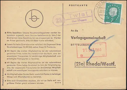 Landpost Twist via MEPPEN 20.10.1960 sur carte postale vers Rheda/Westf.