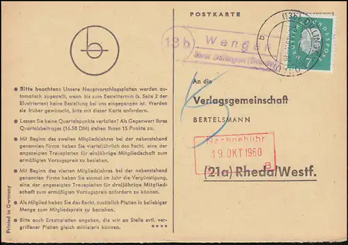 Pays-Bas: Wengen sur DILLINGEN (DONAU) 17.10.1960 sur carte postale vers Rheda/Westf