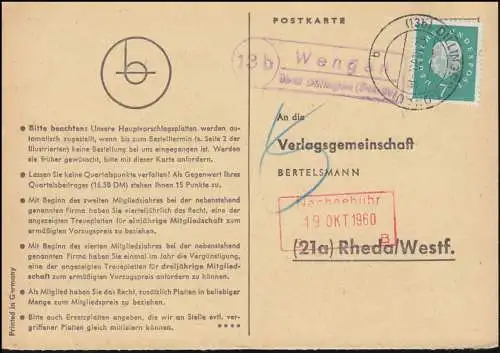 Pays-Bas: Wengen sur DILLINGEN (DONAU) 17.10.1960 sur carte postale vers Rheda/Westf