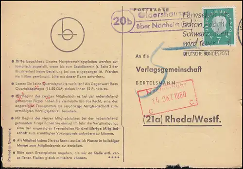 Payspost Oldershausen via NORTHEIM sur carte postale vers Rheda/Westf., 13.10.1960