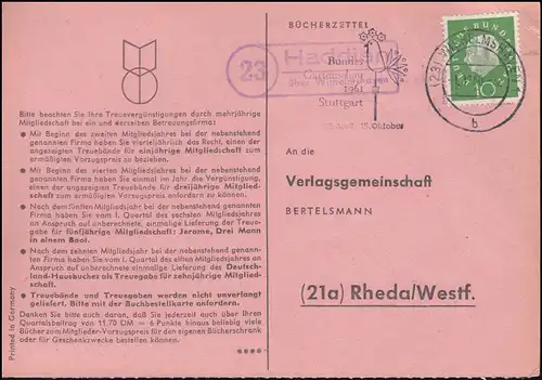 Landpost Haddien über WILHELMSHAVEN 1.11.1960 auf Bücherzettel nach Rheda/Westf.