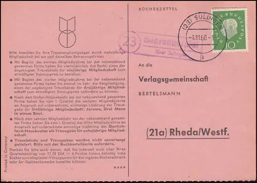 Landpost Bahrenborstel über SULINGEN 1.11.1960 auf Bücherzettel nach Rheda/Westf