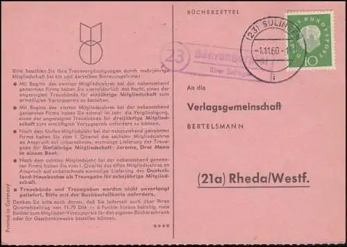 Landpost Bahrenborstel über SULINGEN 1.11.1960 auf Bücherzettel nach Rheda/Westf