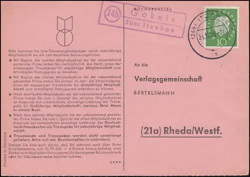 Landpost Gokels über ITZEHOE 31.10.1960 auf Bücherzettel nach Rheda/Westf.