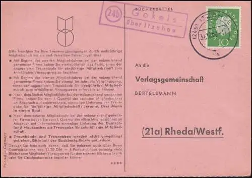 Landpost Gokels über ITZEHOE 31.10.1960 auf Bücherzettel nach Rheda/Westf.