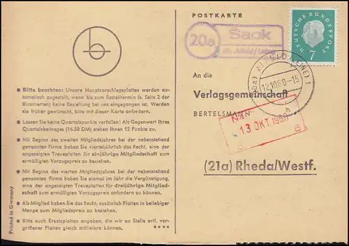 Landpost Sack sur ALFELD (LEINE) 12.10.1960 sur carte postale à Rheda/Westf.