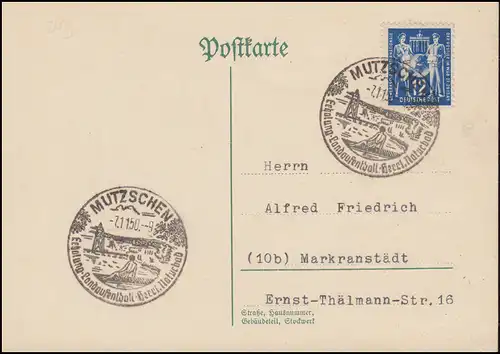 243 Syndicat postal 12 Pf. EF sur carte postale SSt MUTZSCHEN Relance 7.1.1950
