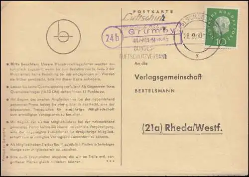 Landpost Grumby via SCHLESWIG 28.9.1960 sur carte postale vers Rheda/Westf.