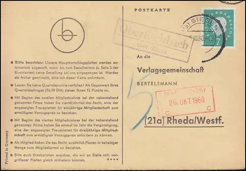 Landpost Oberfischbach über SIEGEN 25.10.1960 auf Postkarte nach Rheda/Westf.