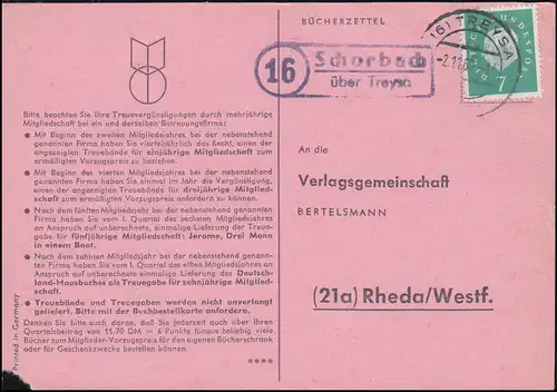 Landpost Schorbach via TREYSA 2.11.1960 sur carte postale vers Rheda/Westf.