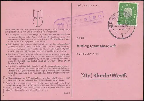 Landpost Horsten über WILHELMSHAVEN 4.11.1960 auf Postkarte nach Rheda/Westf.