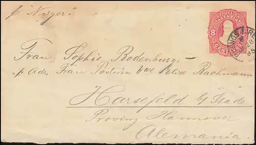 Argentine Enveloppe 8 cent. rouge, BUENOS AIRES 28.7.1885 vers HARSEFELD 24.8.85