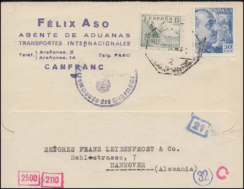 Censuration espagnole et allemande sur carte postale de CANFRANC 16.6.43 à Hanovre