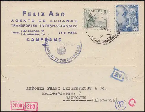 Spanische und Deutsche Zensur auf Postkarte aus CANFRANC 16.6.43 nach Hannover