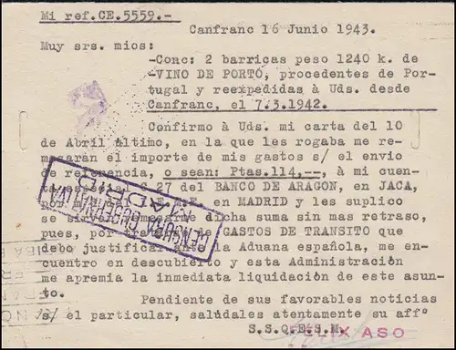 Spanische und Deutsche Zensur auf Postkarte aus CANFRANC 16.6.43 nach Hannover