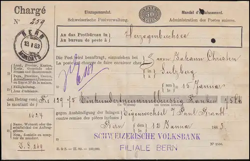 Schweiz Postauftragsumschlag AU 2y Schweizerische Volksbank BERN 13.1.1883