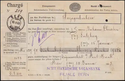 Suisse Translation du courrier AU 2y Schweizer Volksbank BERN 13.1.1883