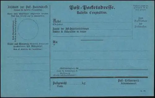 Carte de paquets allemand en bleu, imprimé A.20, non utilisé **