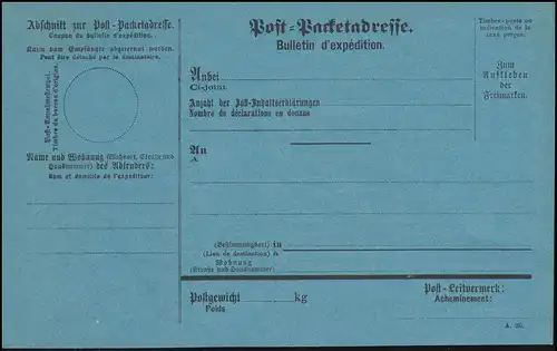 Deutsches Reich Auslands-Packetkarte in Blau, Druckvermerk A.20, ungebraucht **