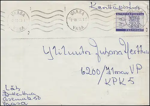 Finlande militaire de champ 8 en tant qu'EE en temps opportun sur lettre VAASA 2.10.1963