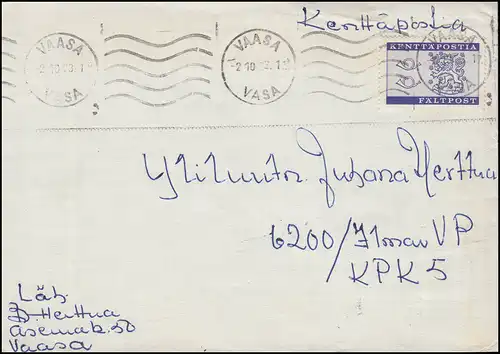 Finnland Militärfeldpost 8 als EF zeitgerecht auf Brief VAASA 2.10.1963