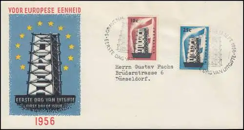 Niederlande 683-684 EUROPA / CEPT 1956 auf Schmuck-FDC nach Düsseldorf