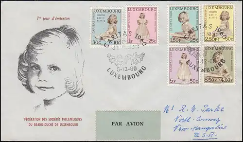 Luxemburg 660-665 Caritas 1960, Satz auf Schmuck-FDC in die USA