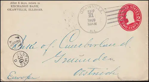 États-Unis couverture 2 cents rouge avec postporto T et 30 centimes O OKAWVILLE 21.9.1909