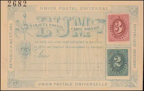 Mexique Carte postale chiffre 3 cent. rouge et 2 centimes vert 1882, non utilisé **