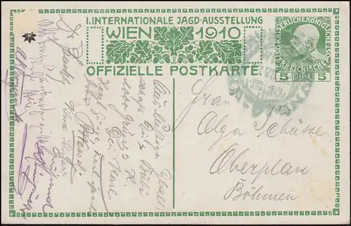 Autriche Carte postale spéciale Exposition internationale de chasse 1910 SSt WIENNE verte