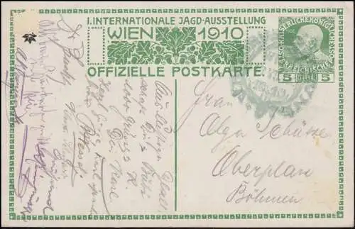 Autriche Carte postale spéciale Exposition internationale de chasse 1910 SSt WIENNE verte