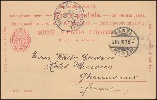 Suisse Carte postale P 21 chiffre dans la carte double ovale 10/10 C. BASEL 20.8.1907