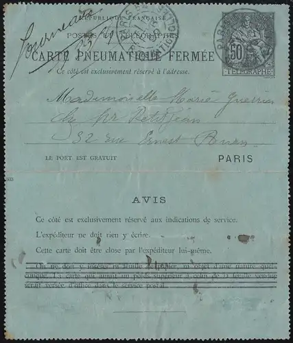 Frankreich Rohrpost-Kartenbrief RK 15I dicke Striche, PARIS 1899, gefaltet