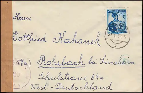 Censure Censuration autrichienne 89 sur lettre WIENNE 21.1.1952 à Rohrbach