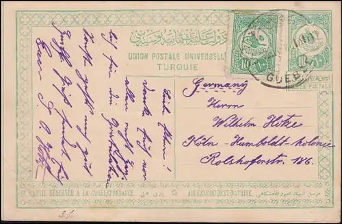 Türkei Postkarte P 36b Tughra-Zeichnung + Zusatzfrankatur GUEBZE 1925 nach Köln