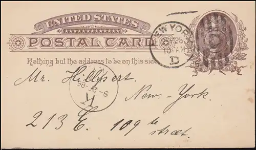 USA Postkarte Präsident 1 Cent braun als Orts-Postkarte NEW YORK 25.9.1886