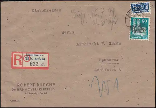 92wg Constructions 50 Pf avec les victimes d'urgence EF R-Lettre Not-R-Zettel HANNOVER-KLEEFELD 14.7.49