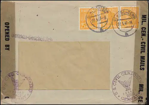 Cennorragie US CIVIL CENSORSHIP 20411+20101 Fenêtres 952 MEF CLÉ 22.5.47