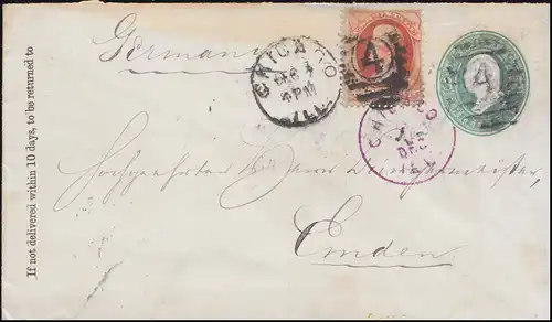 USA Umschlag 3 C. grün mit Zsastzfranka. 43, CHICAGO 7.12.1880 nach EMDEN 24.12.