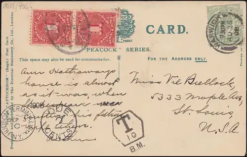 Großbritannien AK Stratford-on-Avon, WARWICK 25.8.1908 mit T- und Nachporto-O 