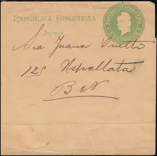 Argentine Streifband 3 cent. vert, BUENOS AIRES 30.11.1889