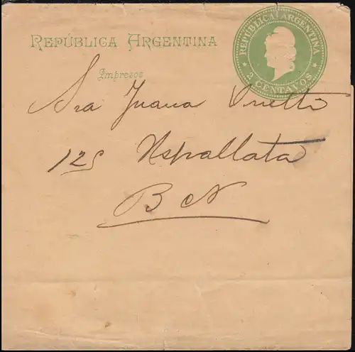 Argentinien Streifband 3 Cent. grün, BUENOS AIRES 30.11.1889