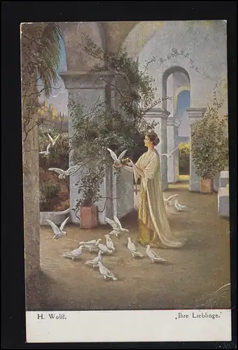 Carte de vue Artiste H. Wolff: Votre favori / femme avec des pigeons, couru 1918