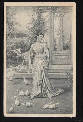 Carte de l'artiste J. Kränzle: Chers invités / femme avec des pigeons, couru 1919