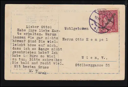 Carte de l'artiste J. Kränzle: Chers invités / femme avec des pigeons, couru 1919