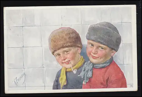 Carte d'artiste peinture de Karl vendredi: Deux garçons, Zittau vers 1915