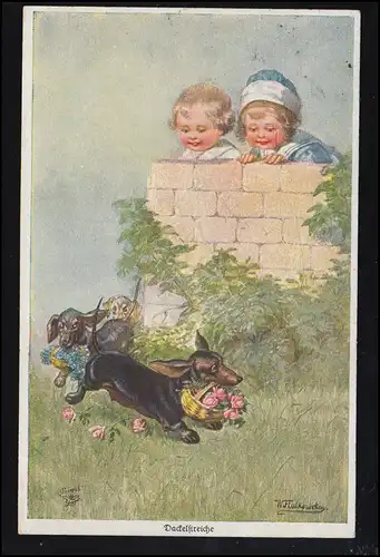 Hunde-Ansichtskarte Primus-Postkarte: Dackelstreiche, gelaufen COSWIG 1920
