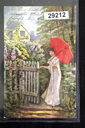 Carte d'artiste peinture de H. Noir: À la porte du jardin, Feldpost 1917