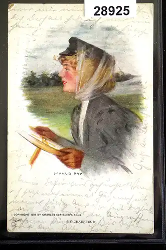 Künstler-AK My Chauffeur Francis Day Frau am Lenkrad, gelaufen 1909 