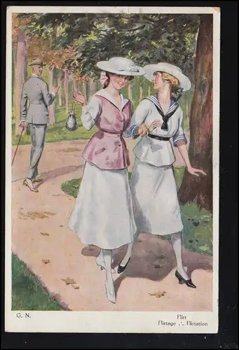 Carte de l'artiste peinture de G.N. Flirt flirtage flairtation, couru en 1922